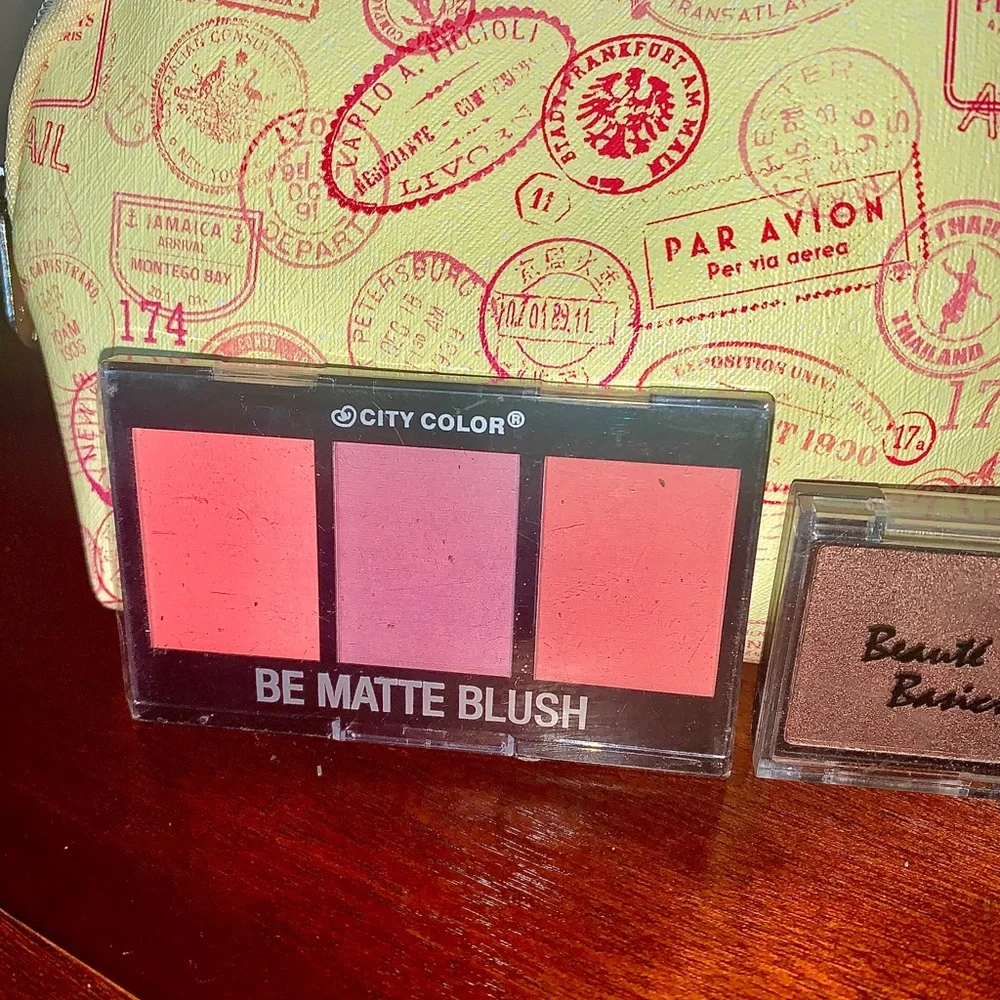 Cream Make up bag with a passport pattern w/ blush